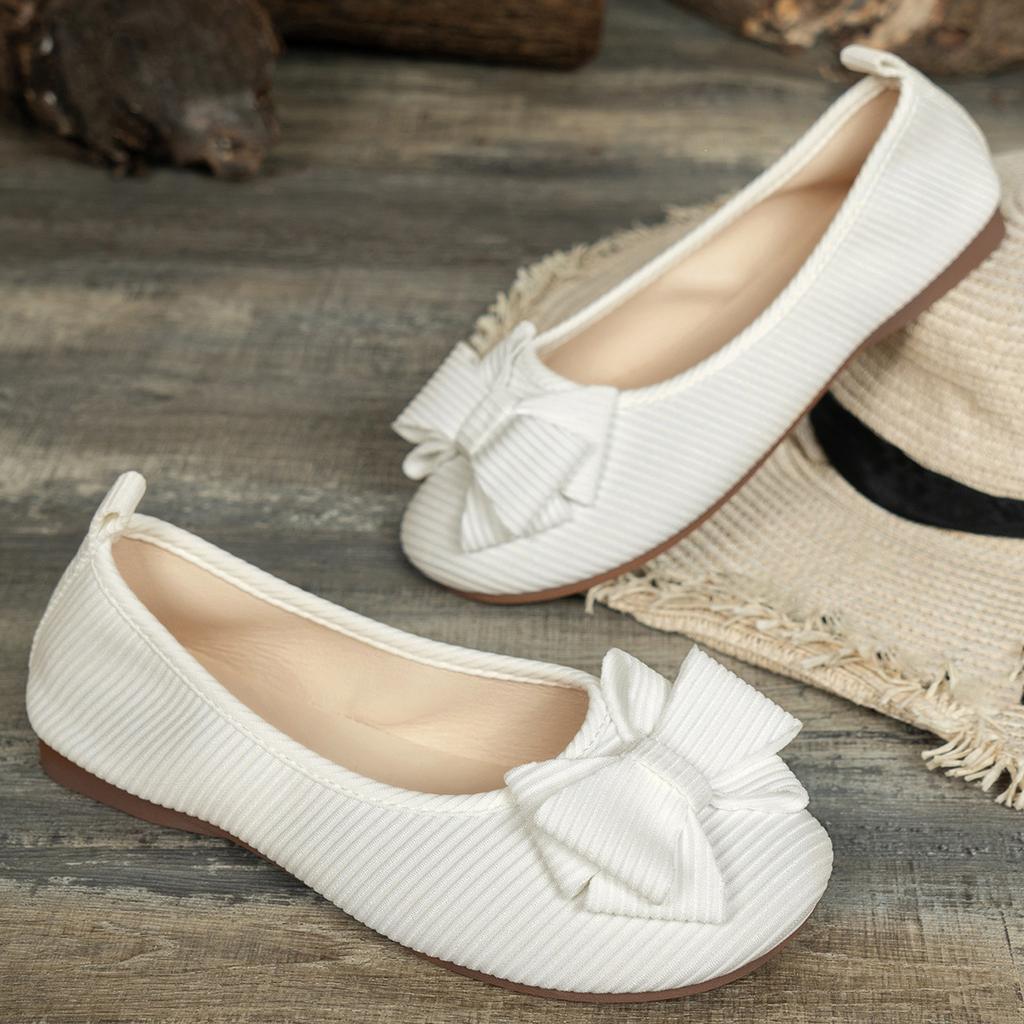 Women's Flat Ballet Shoes Slip On Round Toe Bow Accent Soft Fabric Upper Flexible Sole Comfortable Fit Casual Footwear