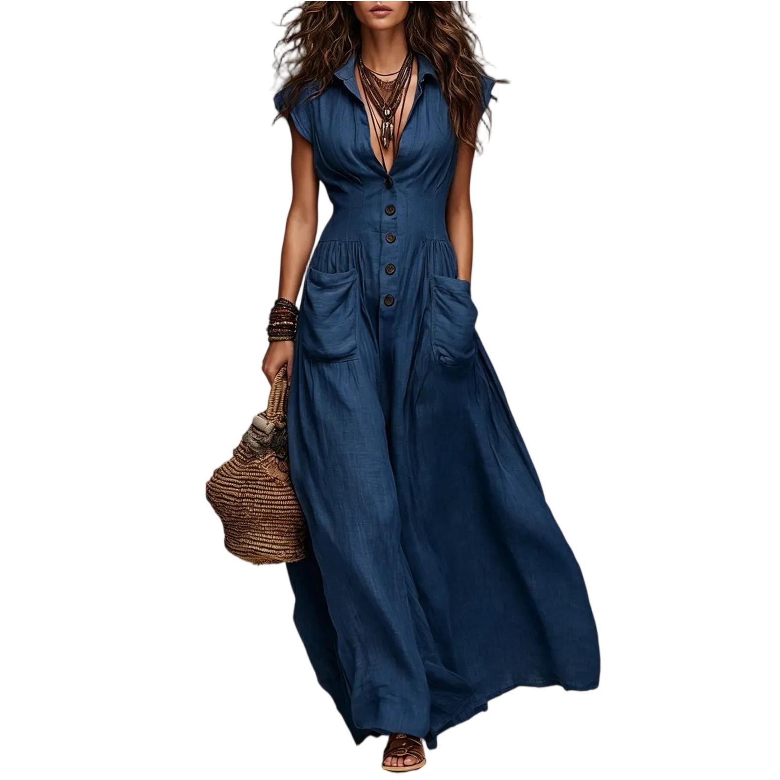 

Ladies Casual And Fashionable Short Sleeved Long Skirt Dress L темно-синий