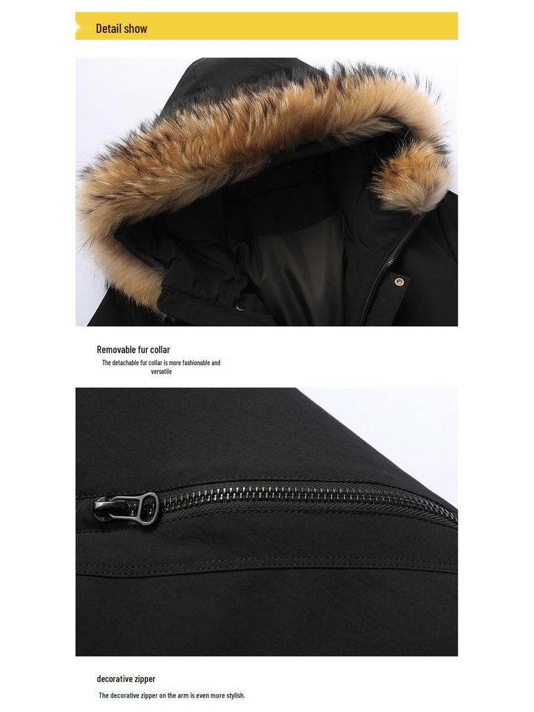 Men's Winter Fur Collar Hooded Mid-Length Casual Cotton Coat