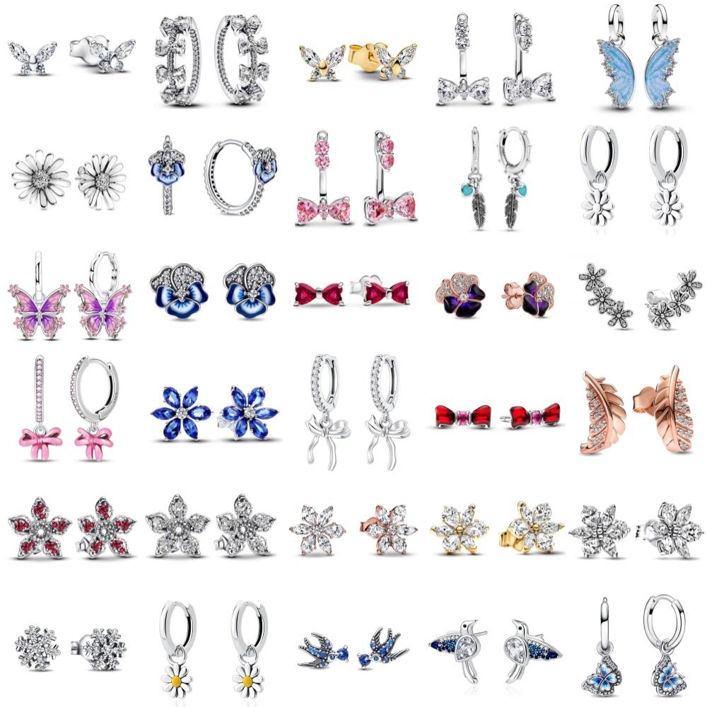 925 Silber Schleifenohrstecker mit Federn Blaue Blume Schmetterling Hochzeitsfeier Schmuck Geschenk für Frauen Modeaccessoire