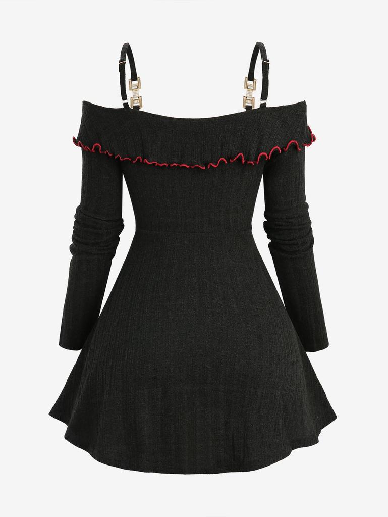 Rosegal Plus Size Ruffles Collar Full Button Ruched Ribbed Patchwork Long Sleeves Top