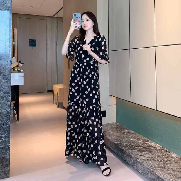 Women's V Neck Five Flutter Sleeve Black Leaf Print Chiffon Maxi Dress High Waist A Line Elegant Summer Vacation Long Dress