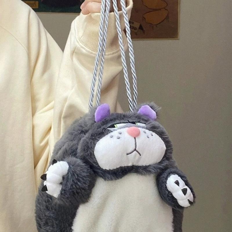Cartoon Cat Bag Internet Celebrity Cute Versatile Messenger Bag New Plush Kitten Drawstring Storage Bag Mobile Phone Bag