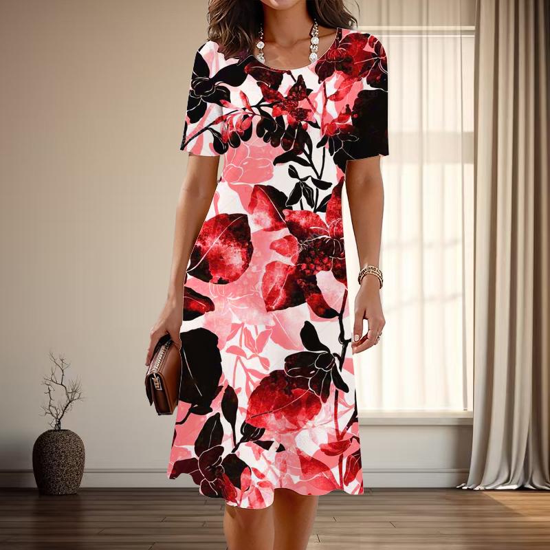Women's Fashion Graceful Leaf Print Summer Spring Short Sleeve O-Neck Casual Dresses