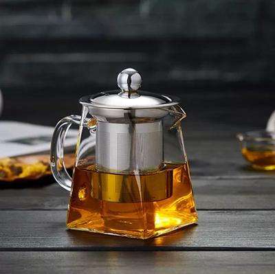 Household High-borosilicate Glass Stainless Steel Leaky Teapot Tea Pot Square Glass with Filter Flower Teapot Heat Resistant 350