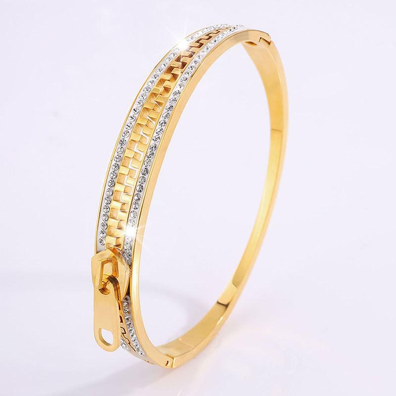 Women's High-End Titanium Steel Bracelet with Rhinestone Zipper - Exquisite European and American Versatile Jewelry.