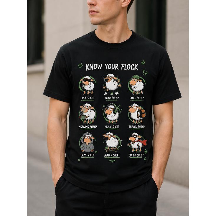 Men s Black Short Sleeve Crew Neck T-Shirt with Funny Sheep Graphic Print, Soft Cotton Blend for Casual Daily Wear and Outdoor Activities S чёрный