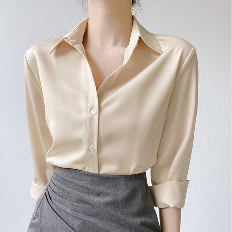 Elegant Women's Green Satin Shirt - Casual Commute Style, Spring Top