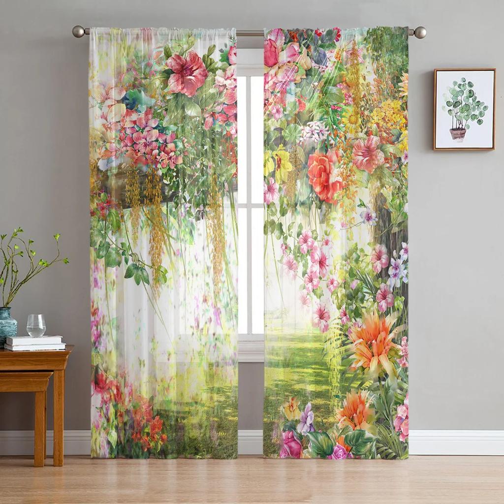 Paint Flowing Colorful Translucent Drapes Living Room Window Opening Tulle Curtains For Bedroom Space Kitchen Area Home Decoration Voile Drapes