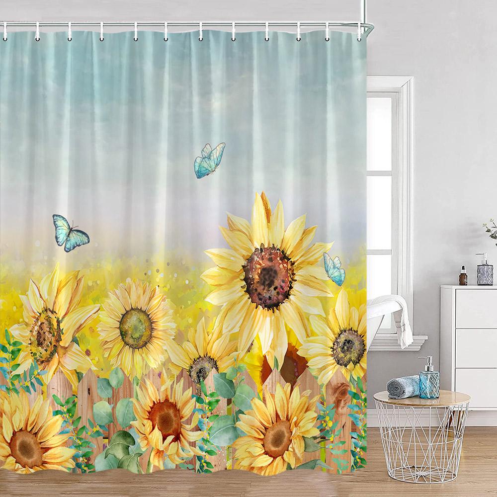 Sunflower Floral Shower Curtains Spring Plants Birds Butterfly Green Leaves Bathroom Curtain Modern Polyester Fabric Bath Decor