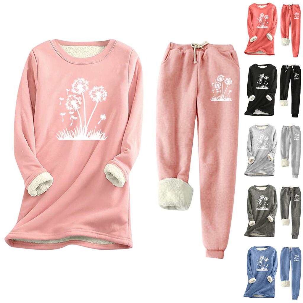 Women's Print Round Neck Warm Suit Long Sleeve Fleece Drawstring Sweatpants Two-Piece Set