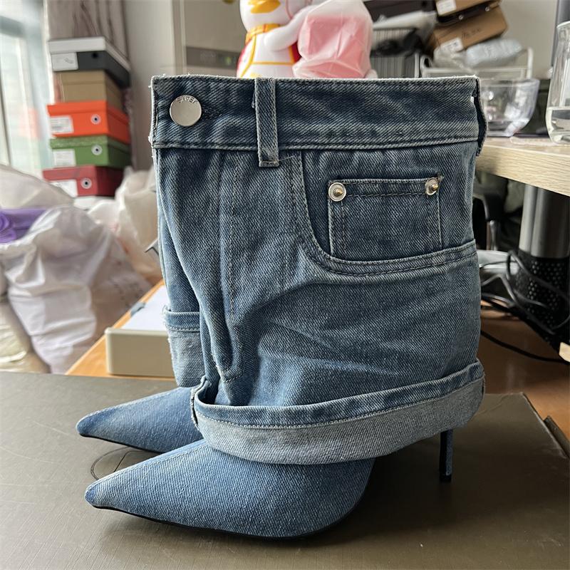 Fashion Blue Denim Slim Heel Cuffed Short Boots Rivet Pocket Design Pointed Toe Metal Buckle High Heel Fashion Large Size 45 Women Boots