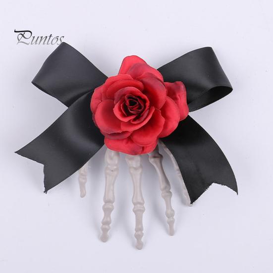Halloween Hair Pin Skeleton Hand Frame Artificial Rose Flower Bow Decoration Hair Clip Dark Horror Style Hairpin