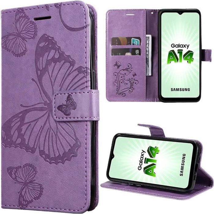 Coque de protection - BOOLING - pour Samsung Galaxy A14 4G-5G - Motif Papillon - Synthécuir Violet - Semi-rigide