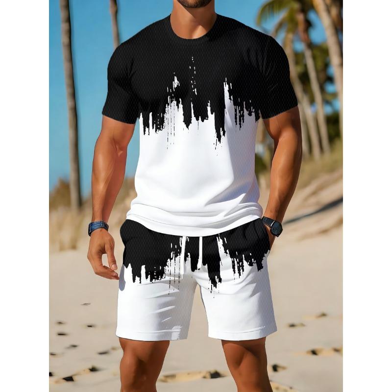 Men's Casual Sportswear Set, Breathable Outdoor Leisure Round Neck T-Shirt and Shorts Set, Summer Digital Print Set for Adults