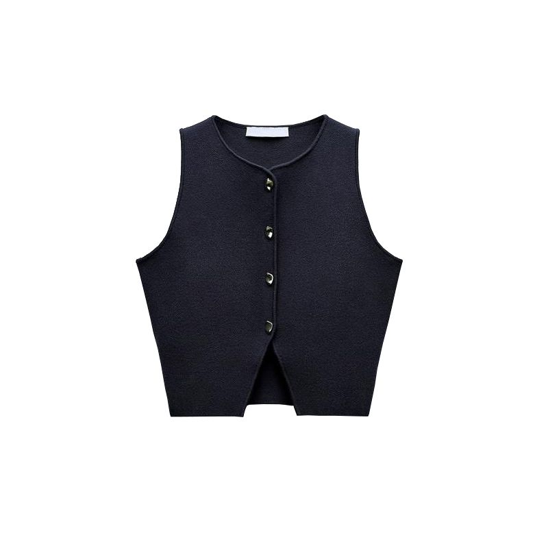 Spring New Minimalist Temperament Commute Fashion All-Match Round Neck Sleeveless Split Knitting Short Top 5536027