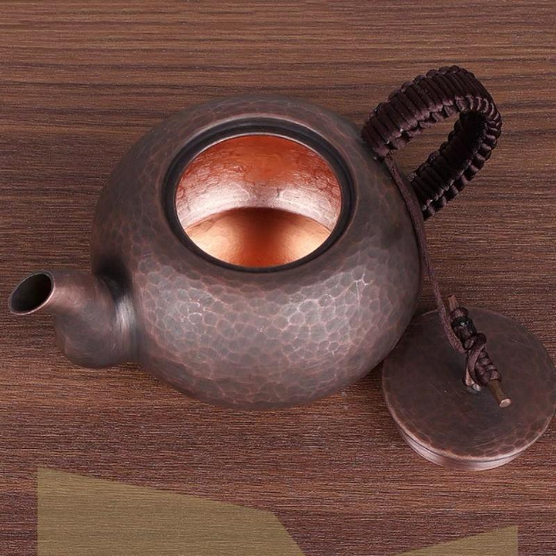 Vintage Pure Copper Coffee Pot,Hammer Texture Weave Portable 450ml Heat Resistant Filter Kettle,Handcrafted Ellipse Shape Teapot