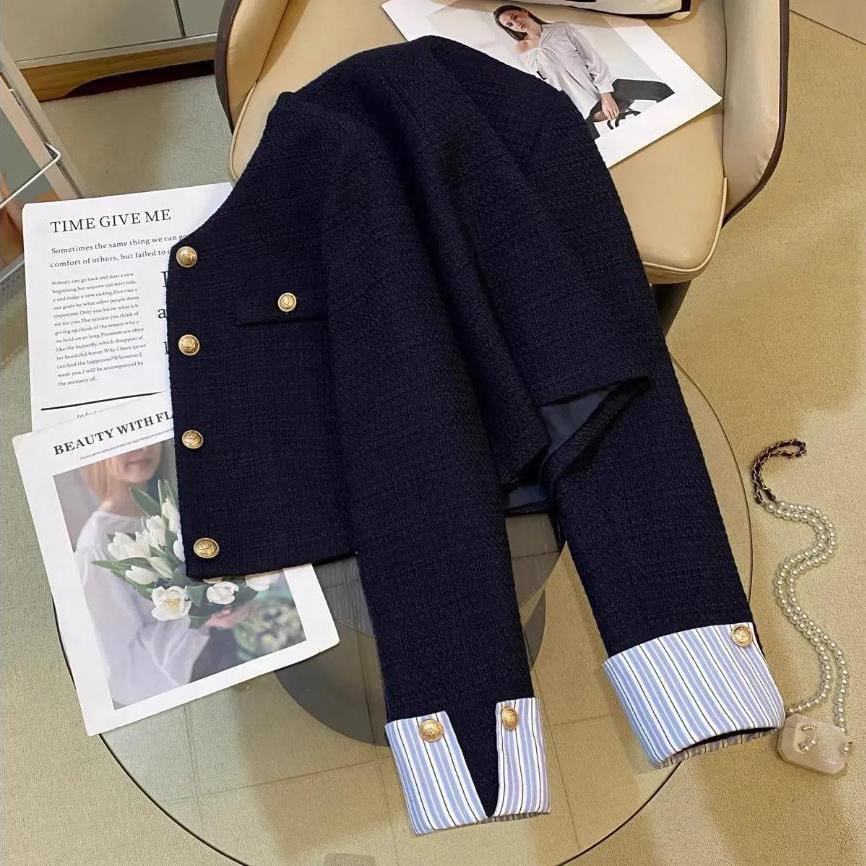 Small Fragrant Style Suit Jacket for Women Spring Autumn Round Neck French Splicing Design Short Top