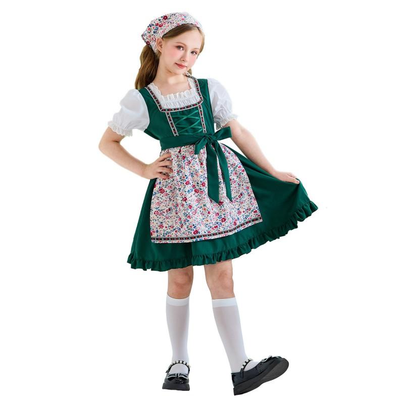 Kids Halloween Costume Dirndl Dress With Apron Headscarf - Lolita Farmhouse Style Girls Short Sleeve Sweet Vintage Outfit