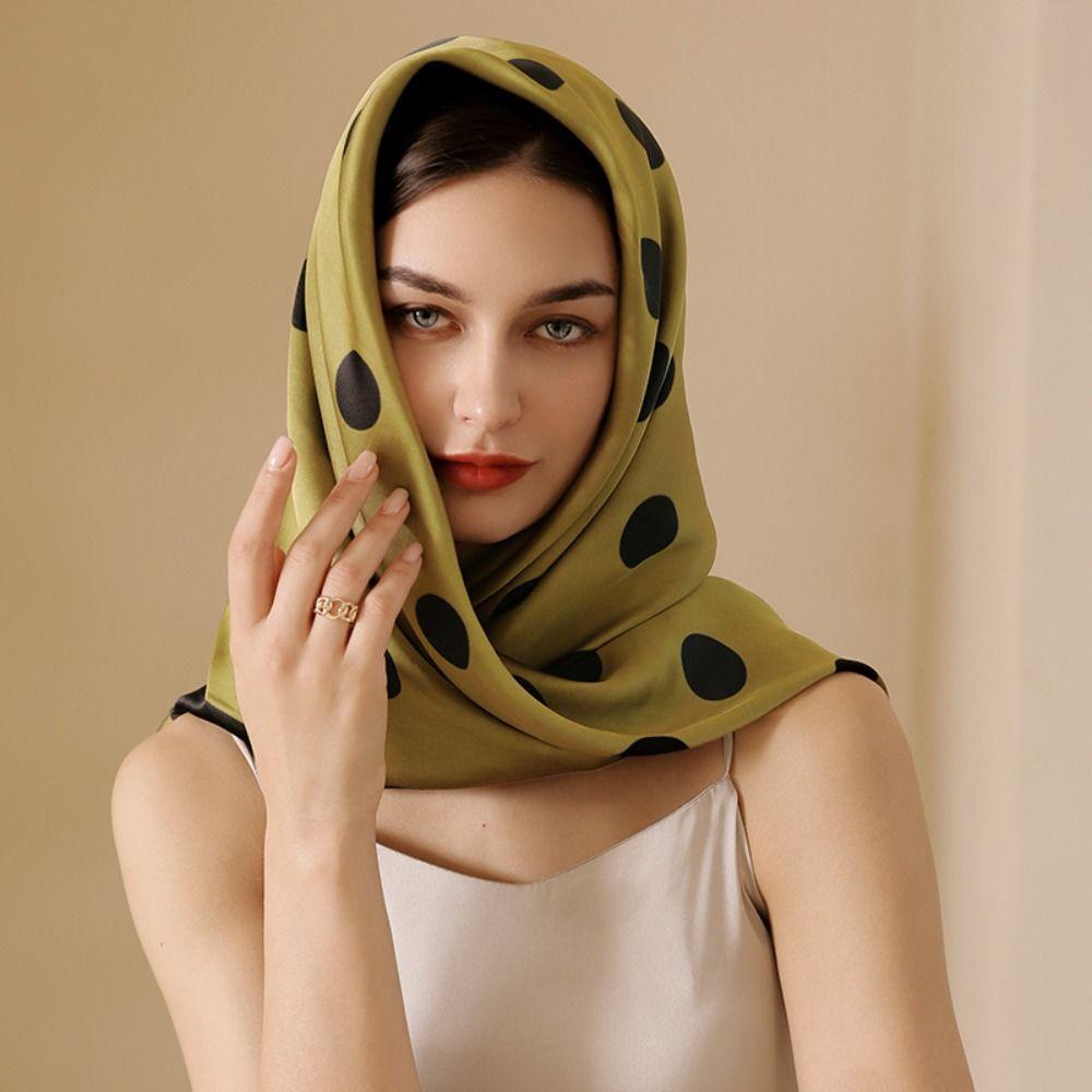 Soft Women's Silk Scarf 90cm Hijab Shawl Wraps Simple Dot Print Silk Scarf  Headkerchief