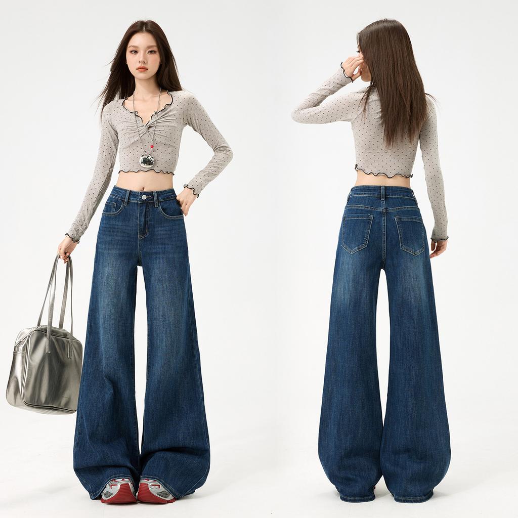 Retro Washed High Waist Thin Drape Does Not Stick To the Legs Micro-horn Mopping Wide-leg Pants, Retro Blue Nine-point Denim Cotton