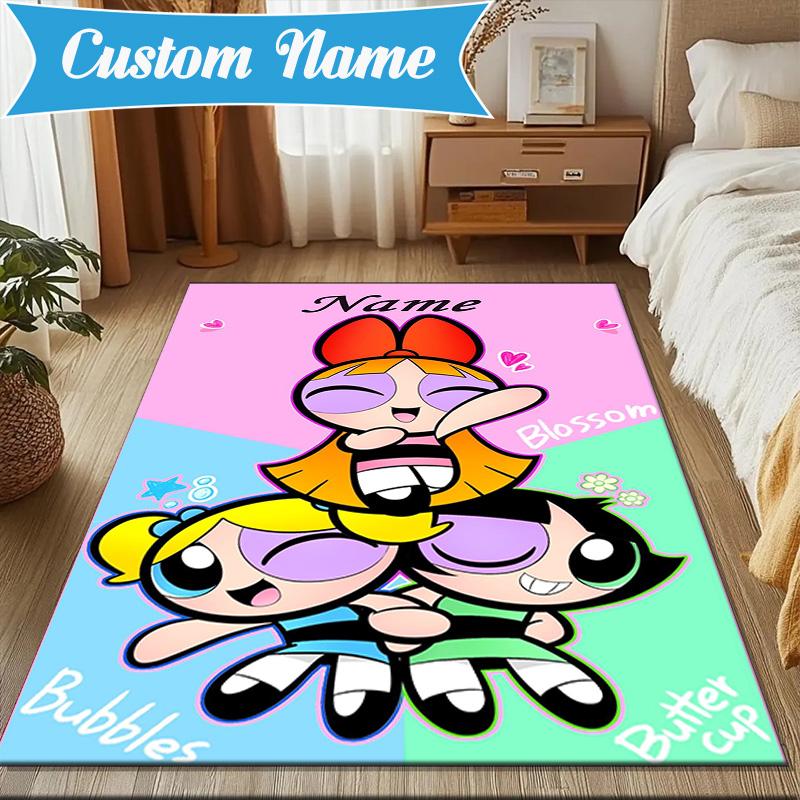 Benutzerdefinierter Name Powerpuff Abenteuer Teppich Spiel Teppich, Fußmatte für Schlafzimmer Wohnzimmer Eingangsbereich Teppich, Heimdeko Idee Geschenk für Weihnachten Geburtstag