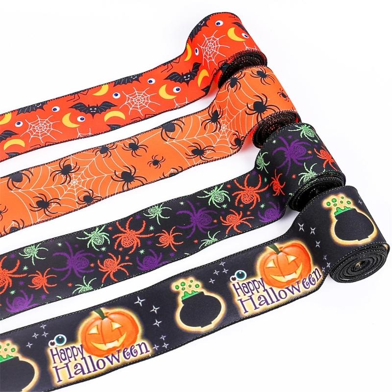 Halloween Theme Wide Ribbon for Halloween Celebration Decors 2.5inch Wire Edged Wide Ribbon 5 Yard for Festival Decors