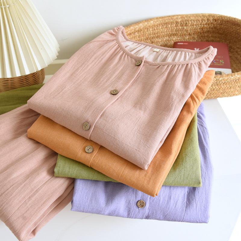 Women's 100% Cotton Long Sleeve Pajama Set, Lightweight Summer Double Layer Gauze, Solid Color Design.
