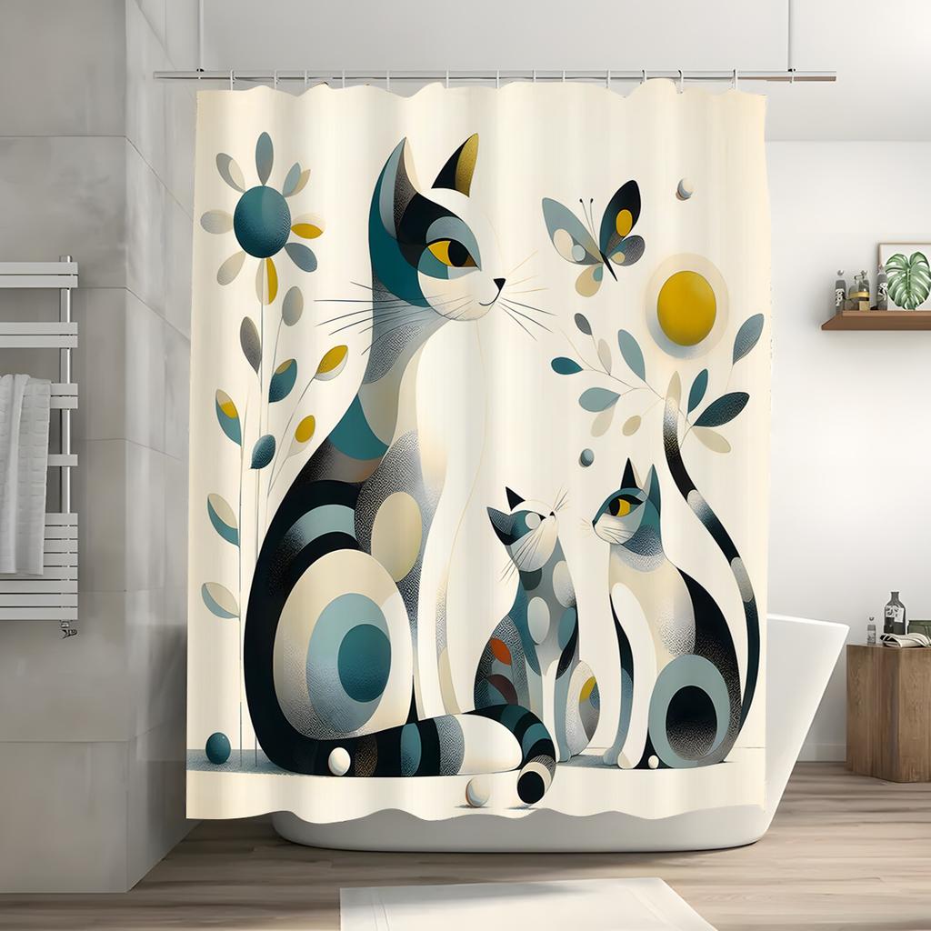 Boho Cat Print Polyester Shower Curtain with Hooks - Artistic Bathroom Decor, Two Cats & Floral Design