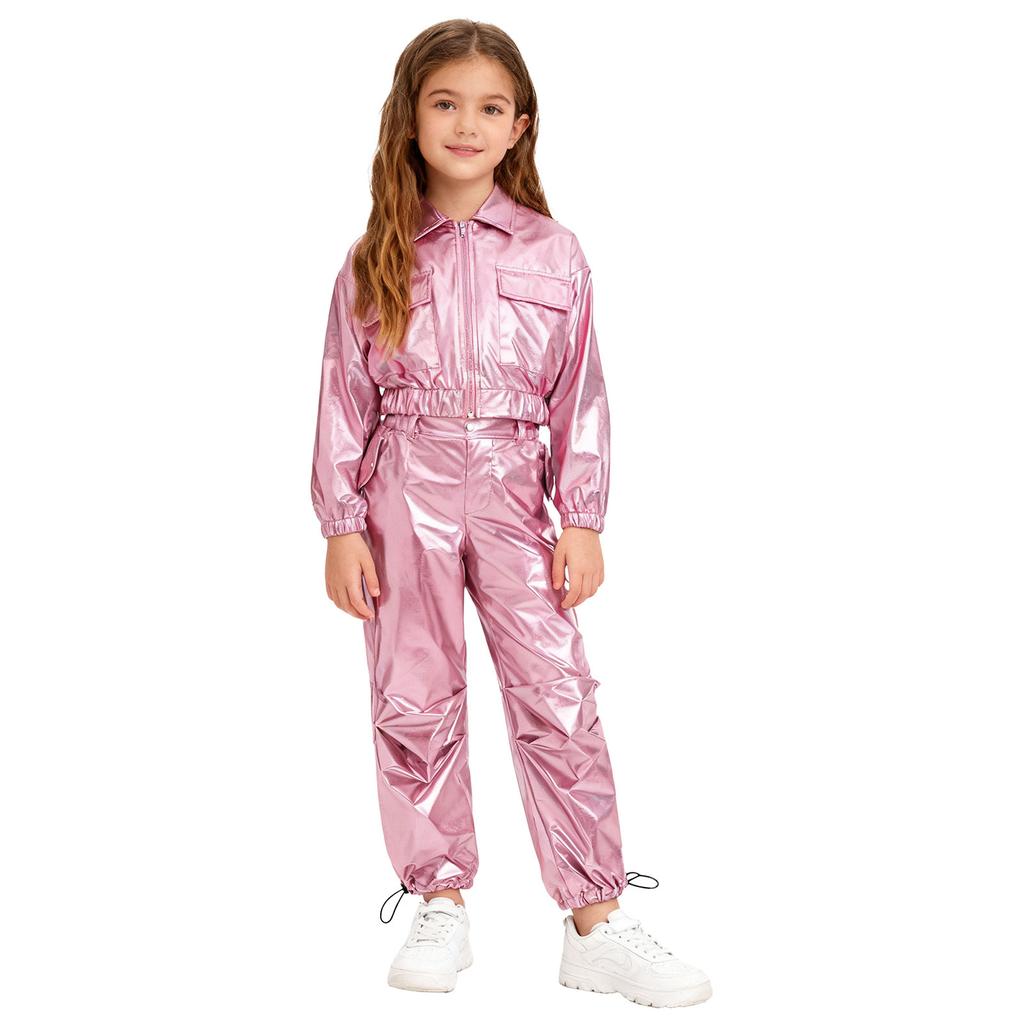 Unisex Kids Shiny Metallic Jacket Drawstring Cargo Pants Hip Hop Jazz Dance Costume Set