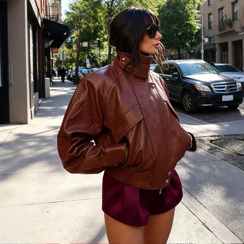 Womens Vintage Leather Jacket Cool Street Style Biker Coat Short Solid Color