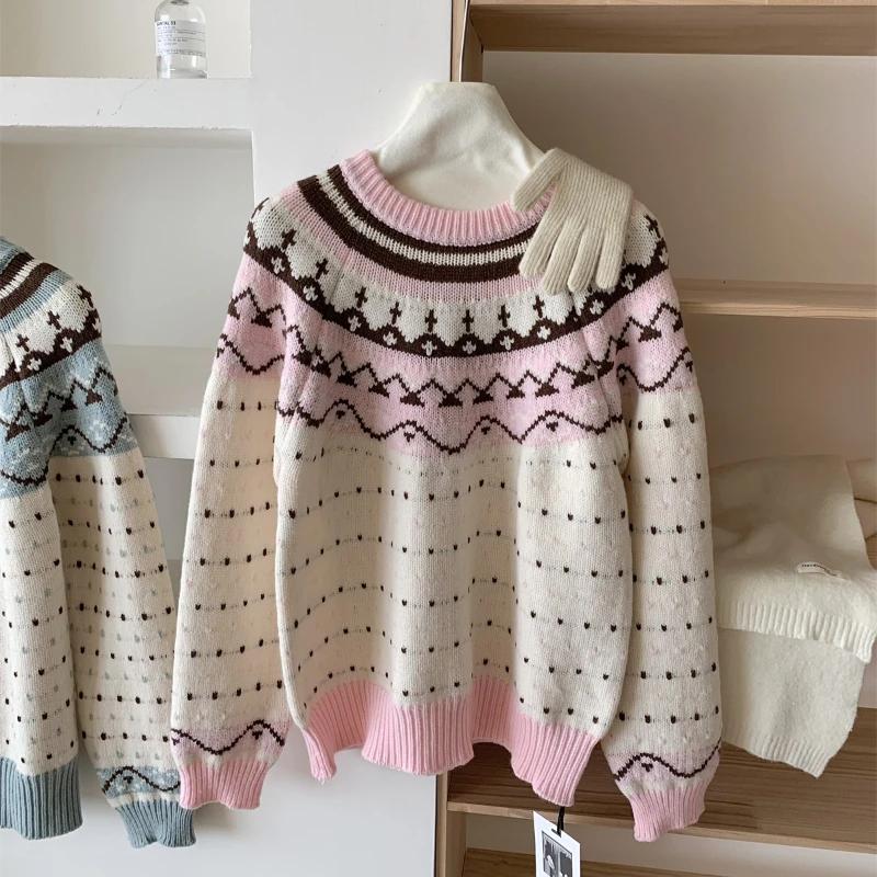 Japanese Retro 2024 Women Patchwork Elegant Knitted Sweater Autumn Winter Long Sleeve Round Neck Pullover Trendy Chic Clothing
