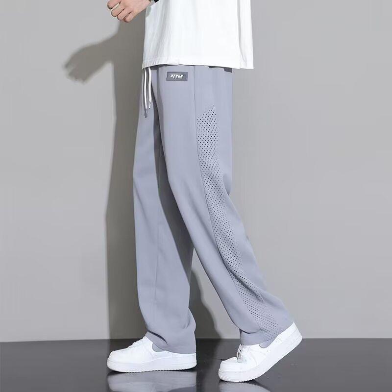 Mesh Ice Silk Pants Men's Summer Thin Breathable Loose Drape Wide-leg Pants Summer Sports Splicing Casual Trousers