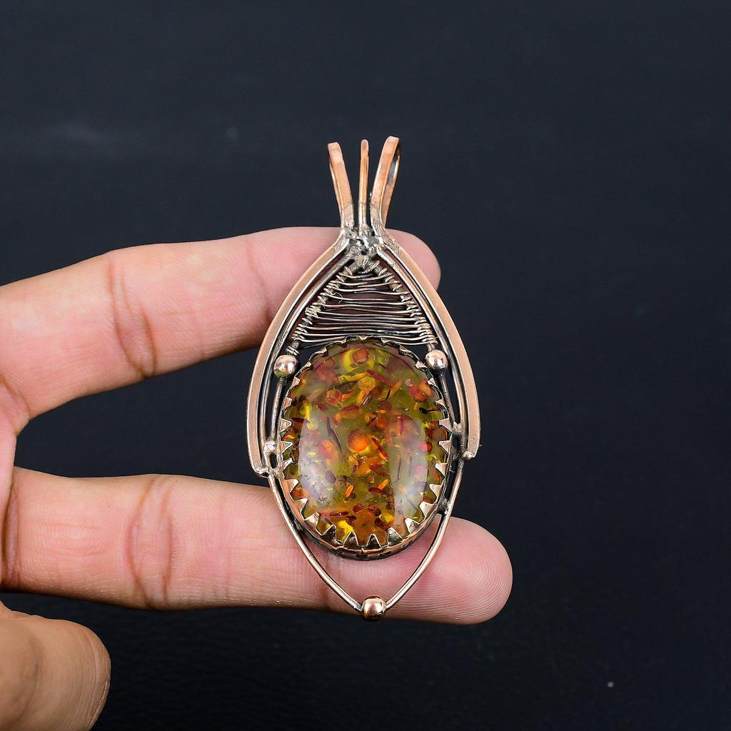 Baltic Amber Gemstone Pure Copper Wire Wrapped Handmade Pendant Jewelry For Her