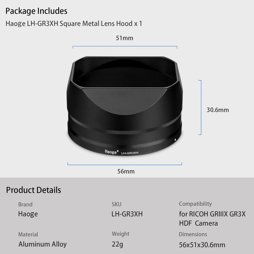 Haoge Metal Square Lens Hood for RICOH GRIIIX GR3x HDF Camera Accessories