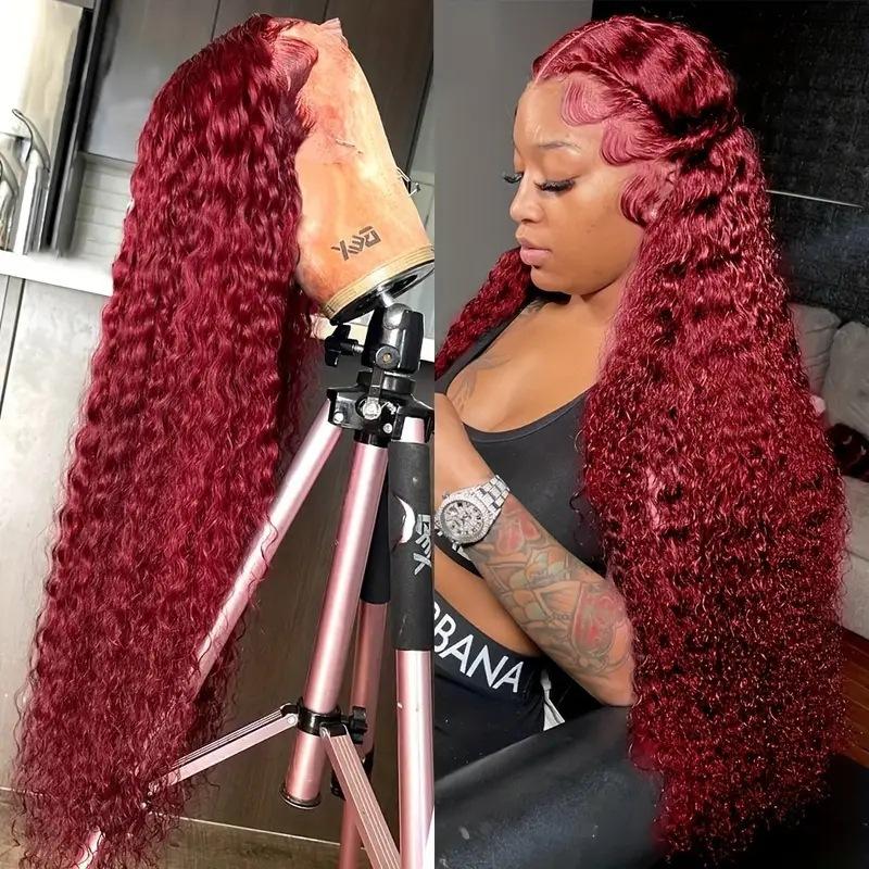 Fashionable wine red small curly wig with front lace small curling tube long curly hair full headgear wig
