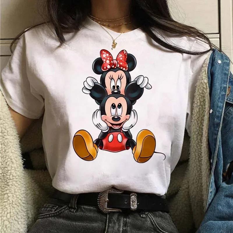 Funny Disney Women T-shirt Cute Cartoon Mickey Minnie Graphic Casual Short Sleeve T Shirt Female Kawaii Loose Y2K Clothing Tops