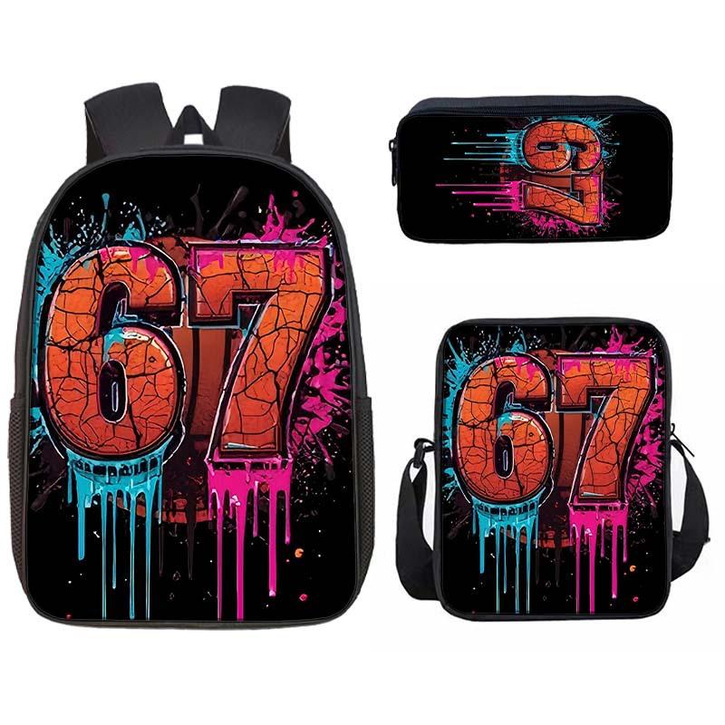 Nummer 67 Cartoon Schooltas Basisschool Rugzak Zes Zeven Kinder Tas Lunchtas Etui Drie Delen Set shoulder bag