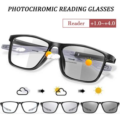 Unisex photochrome Lesebrille Klassischer quadratischer Rahmen für Presbyopie Anti-Blaulicht-Filter Leichte Brille