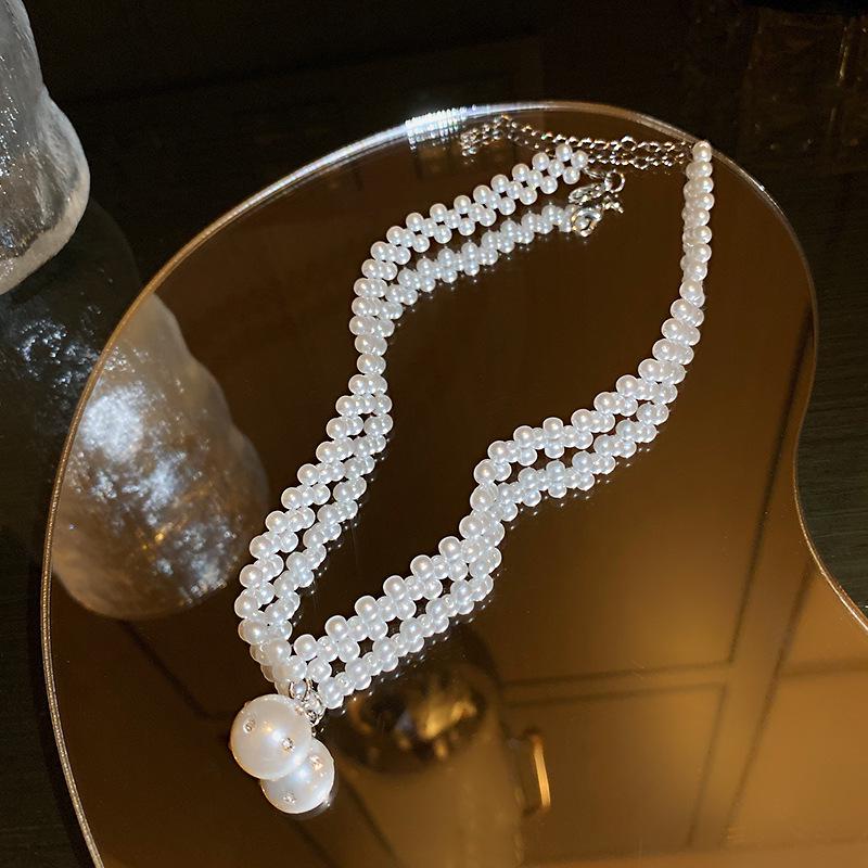 Koreaanse Retro Parel Strass Kwast Choker met Bloem Strik Design