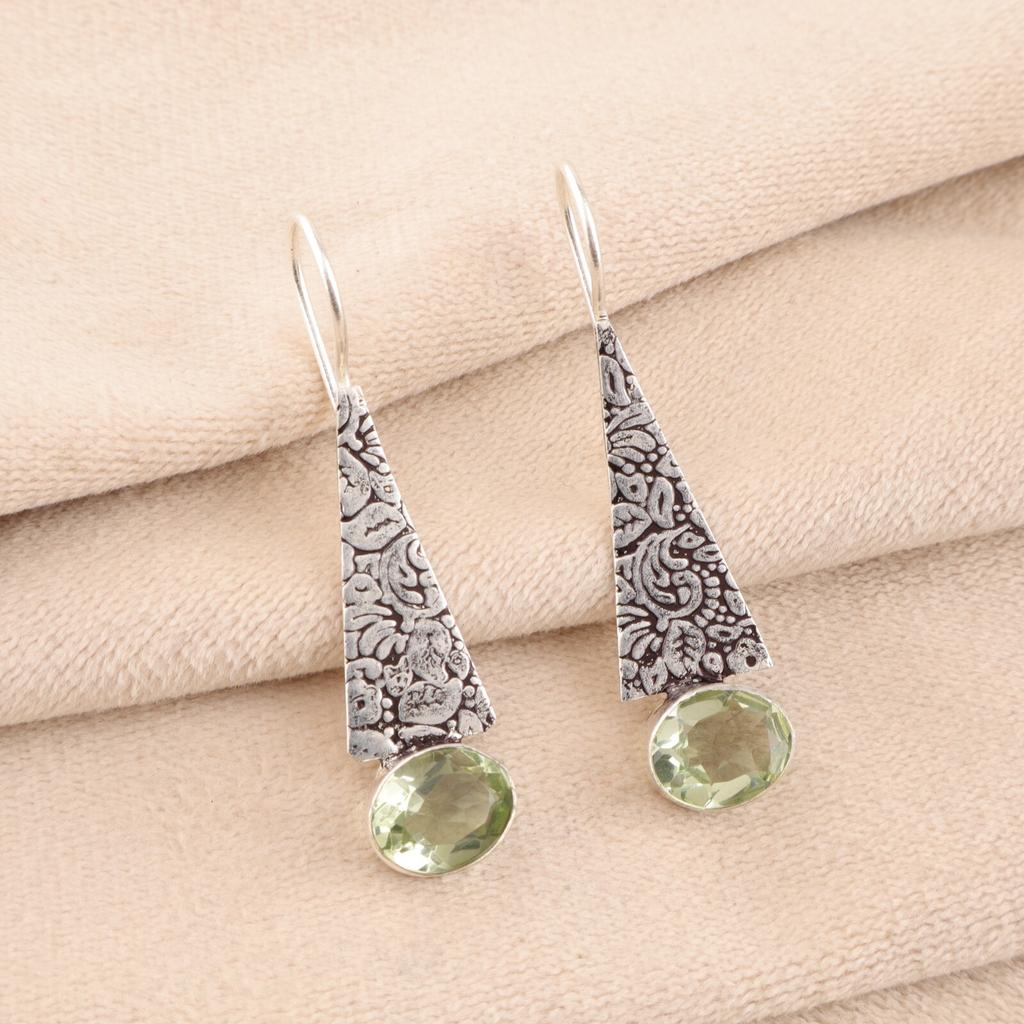 Natural Green Amethyst Gemstone 925 Solid Silver Jewelry Handmade Earrings 1.9" EE-165-15