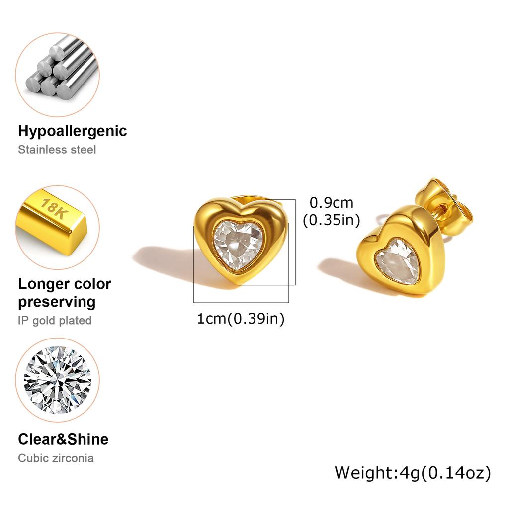 Elegant Heart-shaped Zircon Stud Earrings for Women,Gold Color Stainless Steel Earring,Waterproof Jewelry Mother's Day Gift