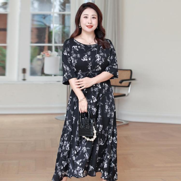 Plus Size Floral Dress Summer Women Mid Length 4XL чёрный