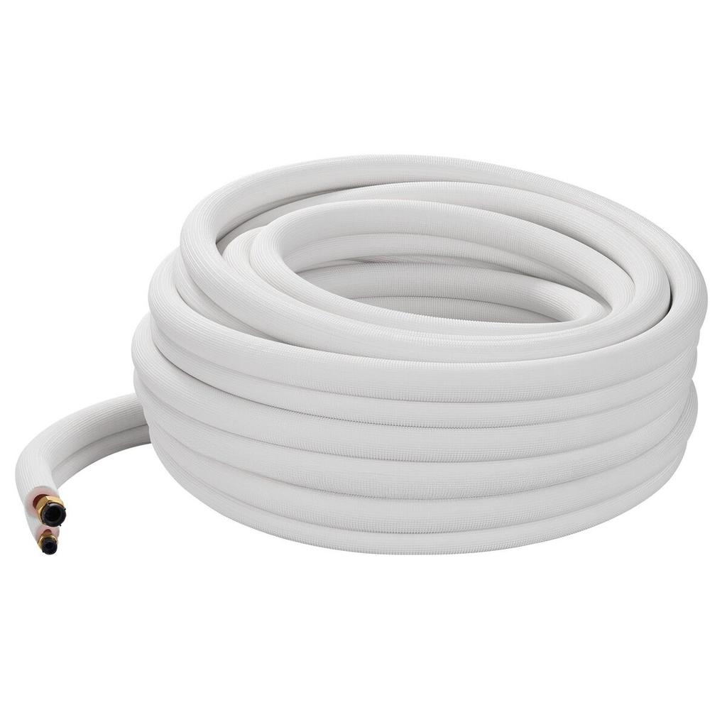 30.5m Mini Split Line Set, 9.5 & 15.9mm OD AC Copper Tubing Pipe, 3/8 White PE Thickened Insulated Coil with Flared Nuts, Strapping Tapes, for Mini
