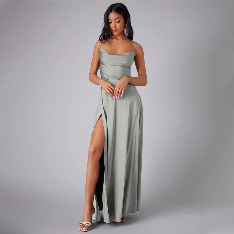 Women's Sexy Slimming, Body Fitting Backless Halter Neck Waist Cinching Long Gown Sleeveless Long Gowns with Side Slit for Special Occasions