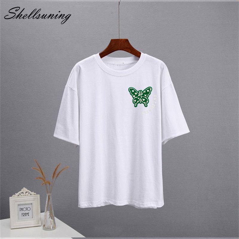 Shellsuning Sommer Baumwolle O Neck T Shirts Frauen Schöne Schmetterling Kurzarm 3D Brief Drucken Tees Lose Weiche Grundlegende Weibliche tops