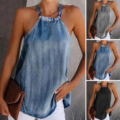 Femmes Licou Débardeur Sans Manches Denim Décontracté O Cou Bretelles Spaghetti Doux D'été Dames Licou Cami Chemise Vacances