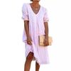 Fashion Short Sleeve V Neck Casual Loose Summer Dress Women Elegant Solid Color Simple A-line Dresses Office Ladies Plus Size Women Clothing