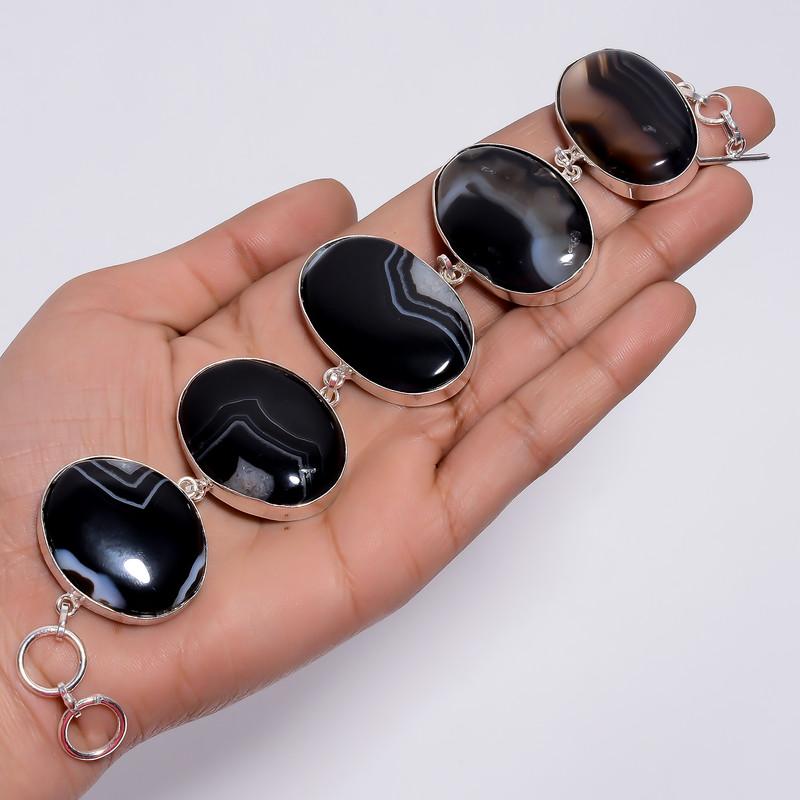 Dazzling Top Grade Qualite 100% Natural Black Botswana Agate Oval Shape Ethnic Handmade Jewelry 925 Steling Silver Bracelet 7-8" WSJ-4696