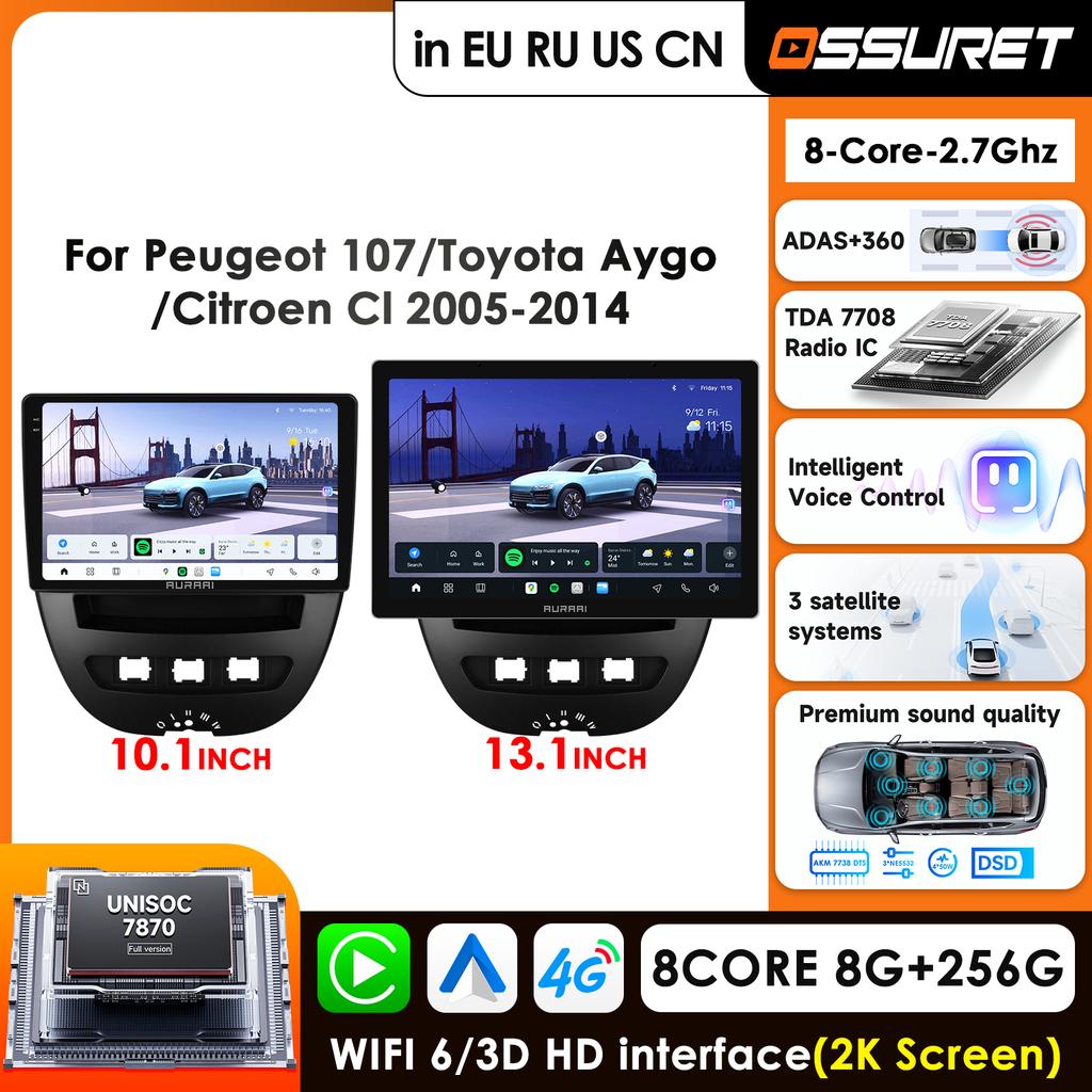 OSSURET Intelligent 2K Screen Carplay Android Auto for Peugeot 107 2005 Citroen C1 2014 Toyota Aygo Car Infotainment Multimedia Player GPS Bluetooth